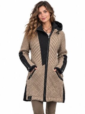 URKU Clara Alpaca Wool Coat L Beige Black Hooded Equestrian Winter Made Ecuador
